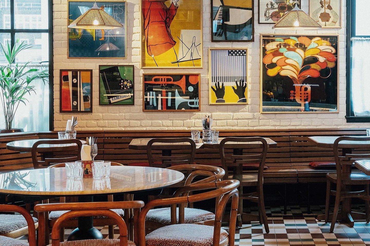 Vibrant restaurant interior with artistic wall decorations